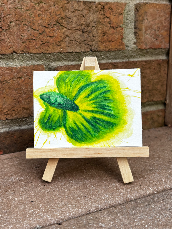 Abstract Yellow/Green Fighter Beta Fish Surrealism aceo art card