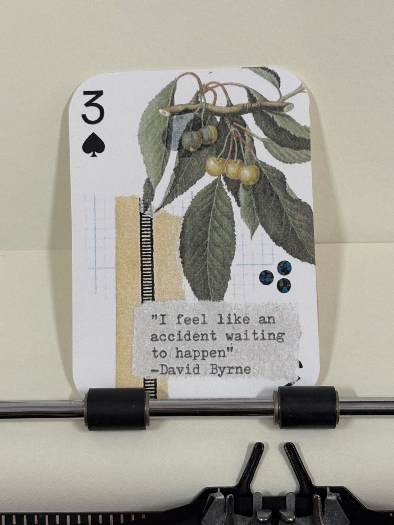 David Byrne yellow cherry quote print micro collage by Mazerzine aceo art card