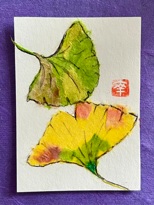 Japanese Washi art- Ginkgo leaves aceo art card