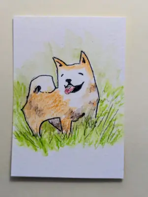 ACEO Shiba Inu Puppy Dog Drawing Watercolor Pencils Minimalist Original OOAK aceo art card thumbnail 1