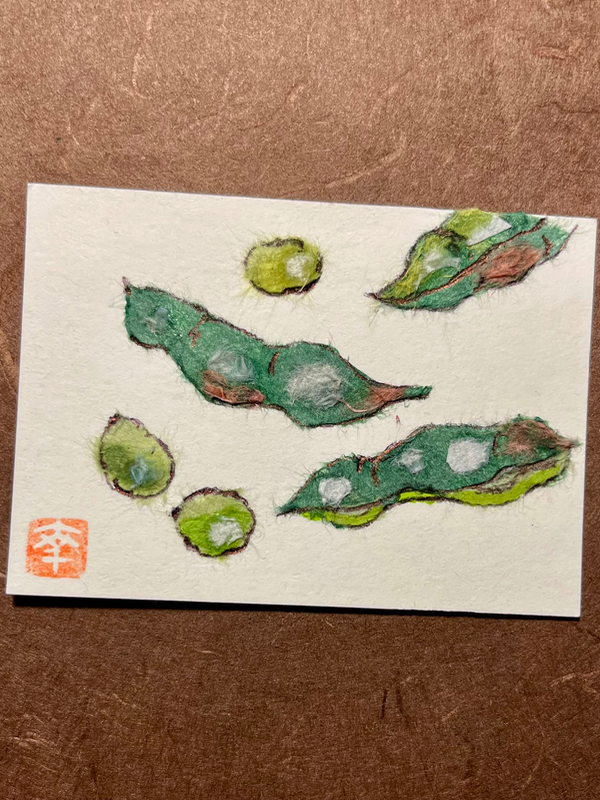 Japanese Washi art 🫘 green beans aceo art card