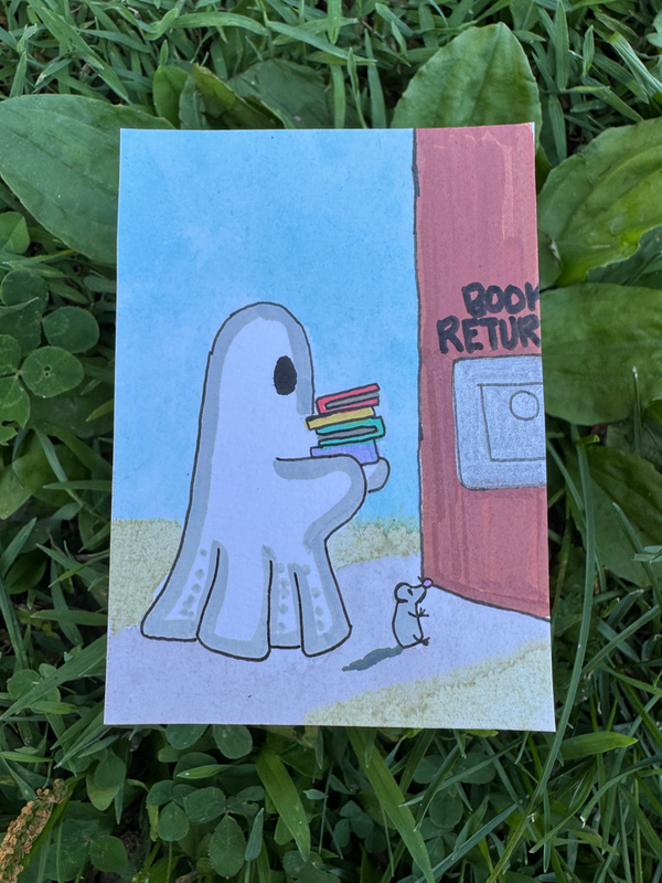 Gertrude runs Errands Series 3/8: Returning Library Books aceo art card