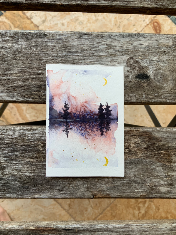 Watercolor landscape “fur trees at nighty lake”. aceo art card