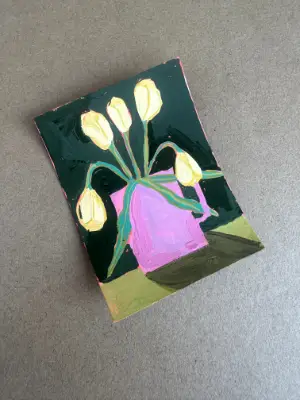 Yellow Tulips in pink vase aceo art card thumbnail 2