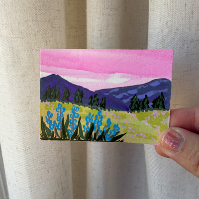 Pink Sky Mountains aceo art card thumbnail 2