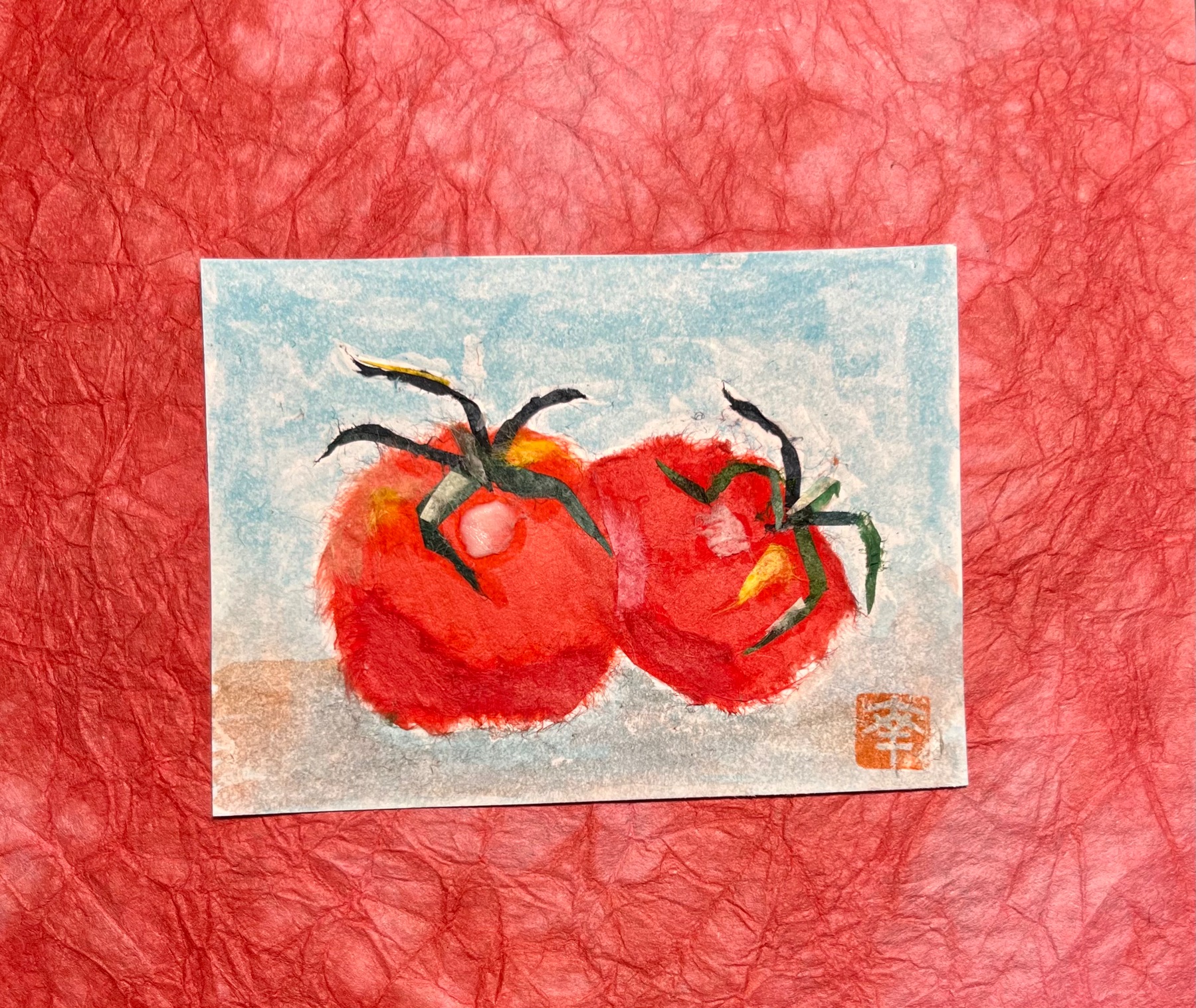 Japanese Washi art - tomatoes x2 aceo art card