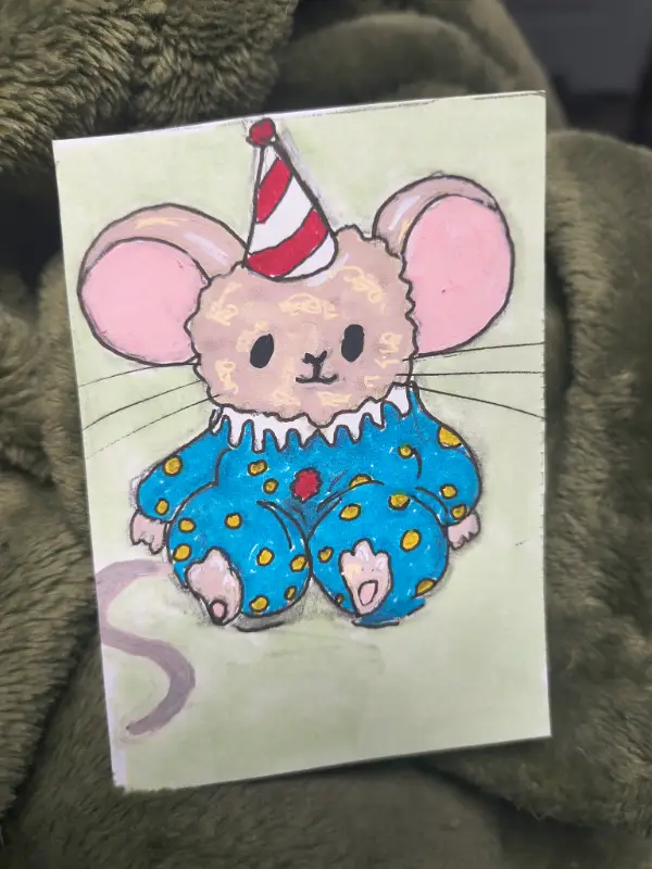 Mouse in hims little clown outfit aceo art card
