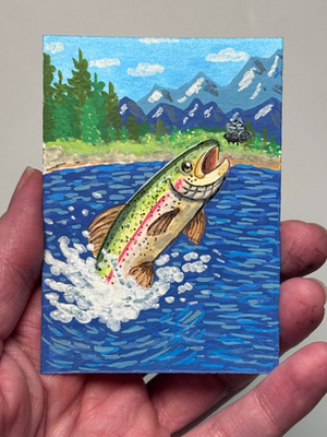 Hungry rainbow trout aceo art card thumbnail 2