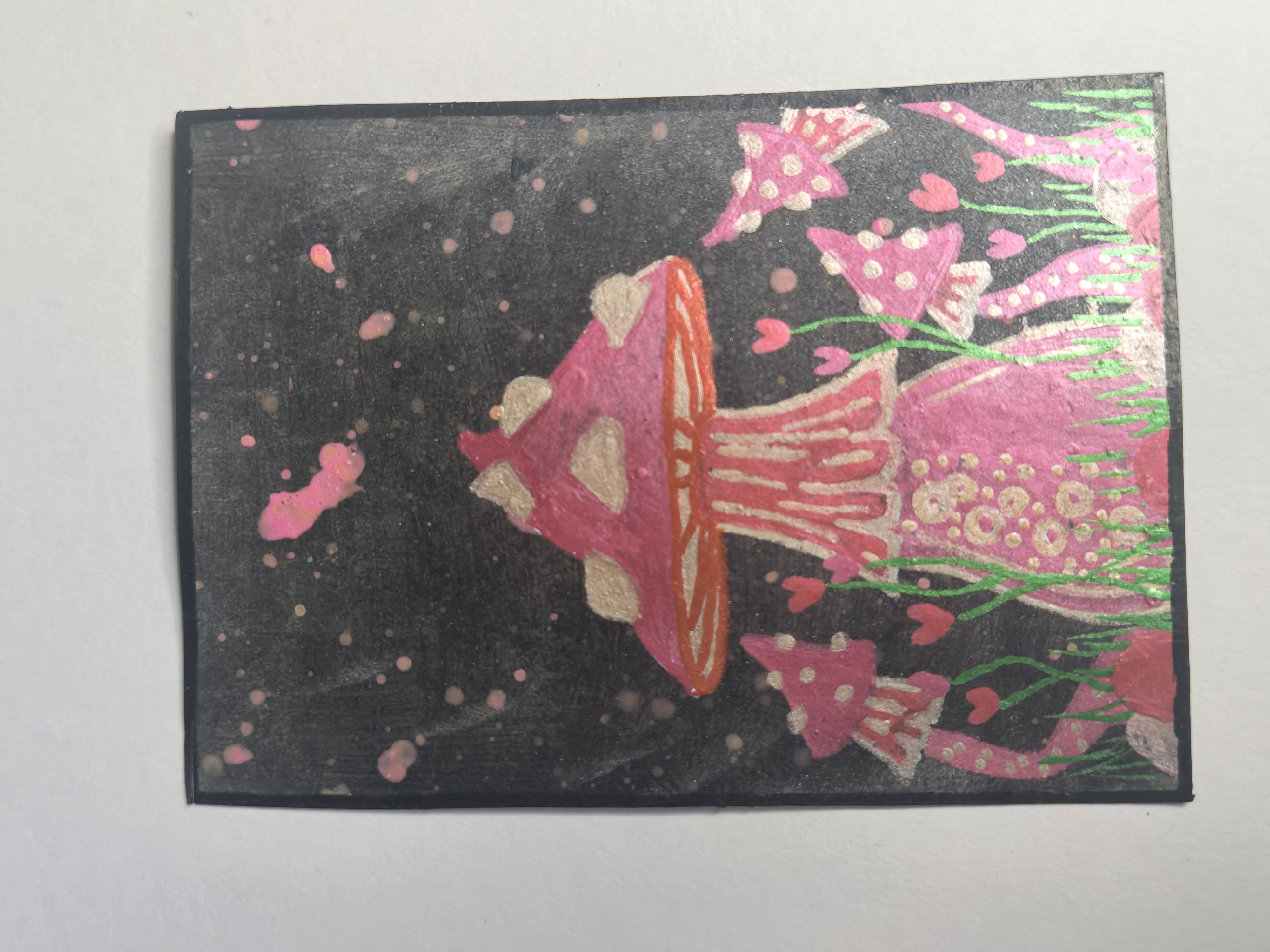 Sacred scarlet spore- mushroom- ACEO Original Painting 2.5x3.5- Artist- FOXI aceo art card thumbnail 1