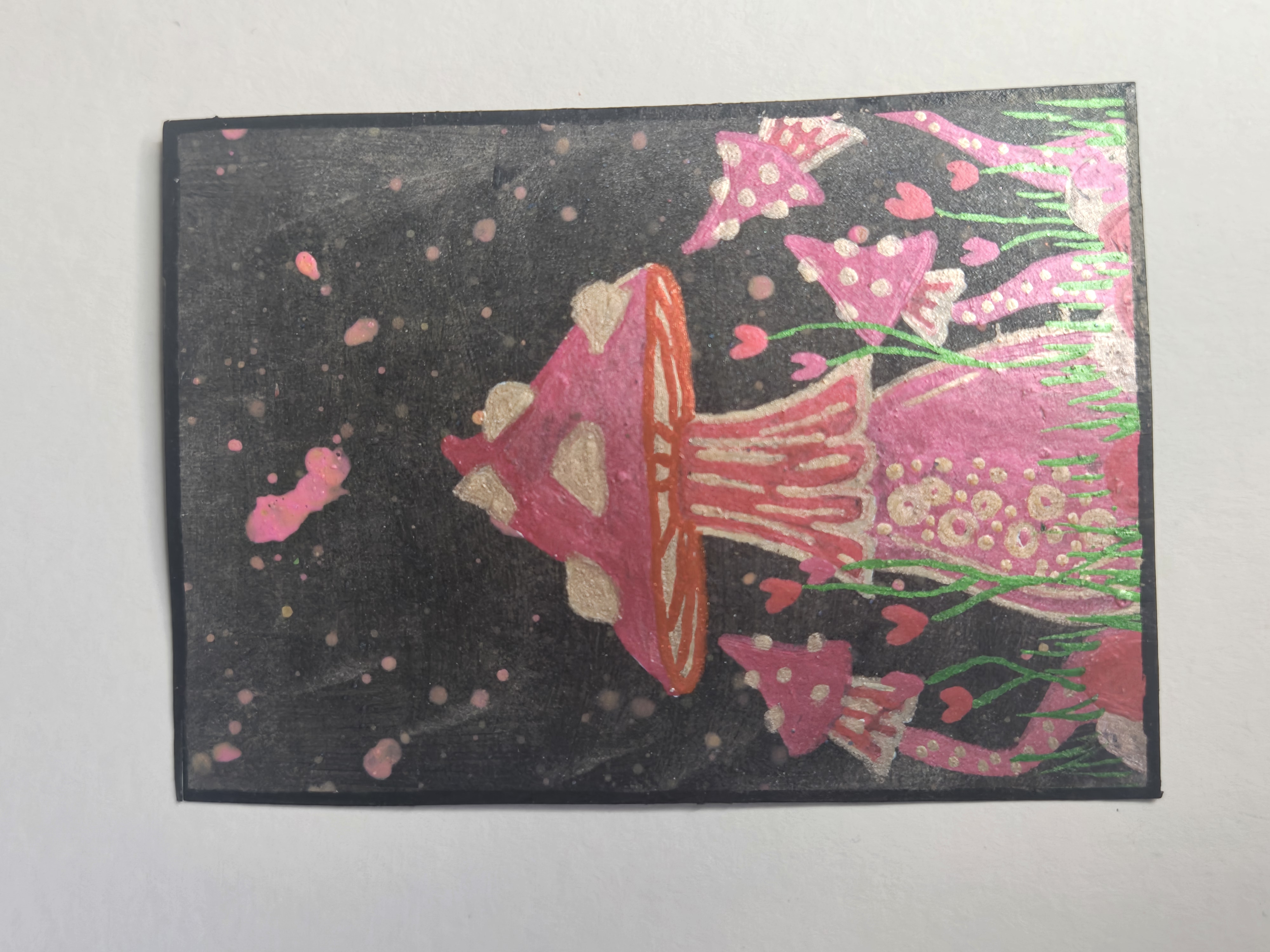 Sacred scarlet spore- mushroom- ACEO Original Painting 2.5x3.5- Artist- FOXI aceo art card thumbnail 2