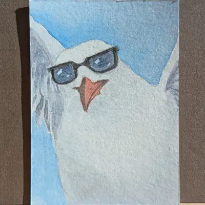 "Shady" ACEO Original Watercolor Painting of a Seagull in Sunglasses aceo art card thumbnail 1