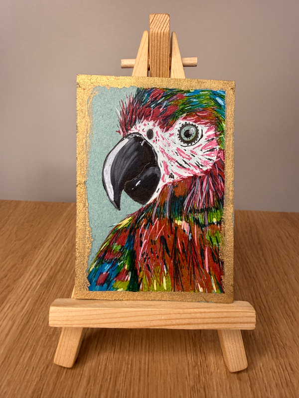 Special Edition Gold Macaw Ink, Acrylic Marker, Gold Gilding Original Artwork by Lyndsay Aznaurov aceo art card