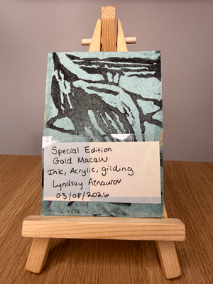 Special Edition Gold Macaw Ink, Acrylic Marker, Gold Gilding Original Artwork by Lyndsay Aznaurov aceo art card thumbnail 2