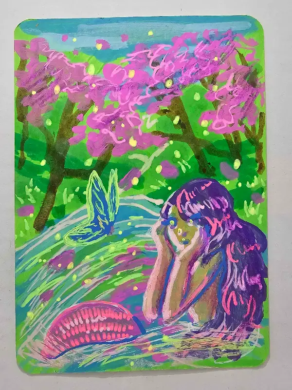 Mermaid at Cherry Blossom Lake aceo art card