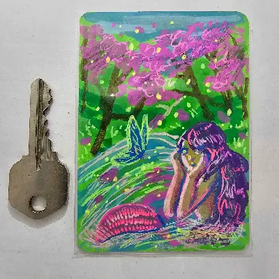 Mermaid at Cherry Blossom Lake aceo art card thumbnail 2