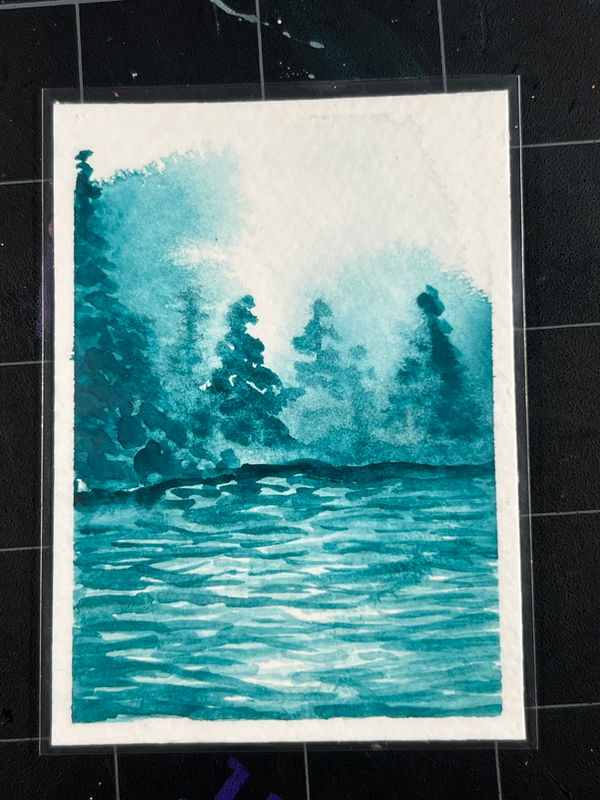 It’s Foggy By The Lake | Teal Monochrome aceo art card