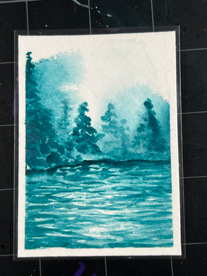 It’s Foggy By The Lake | Teal Monochrome aceo art card thumbnail 1