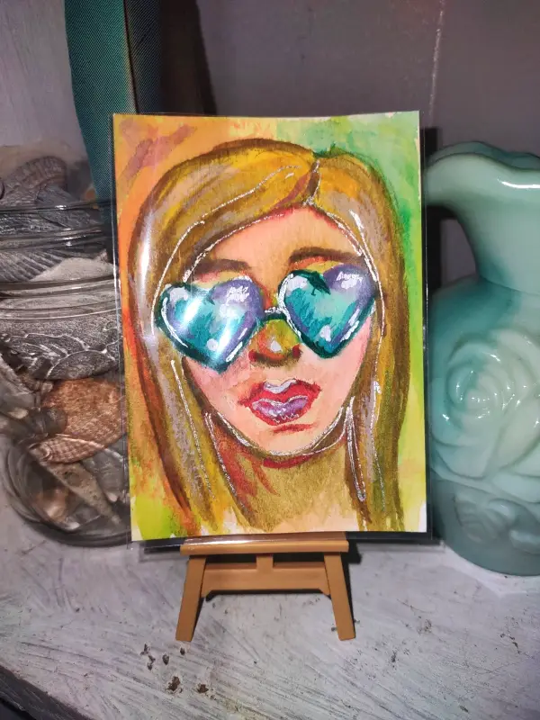 ACEO Original Artwork "Sister Golden Hair" Woman, Portrait, Sunglasses 2.5x3.5 aceo art card