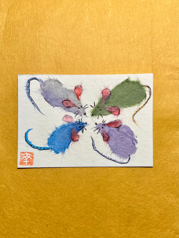 Mice night meeting - Japanese Washi art aceo art card