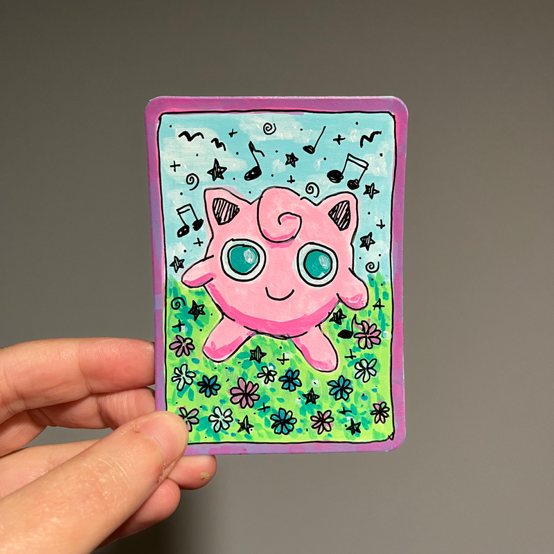 original aceo pokemon fan art portrait jigglypuff singing scenery flower field cute aceo art card