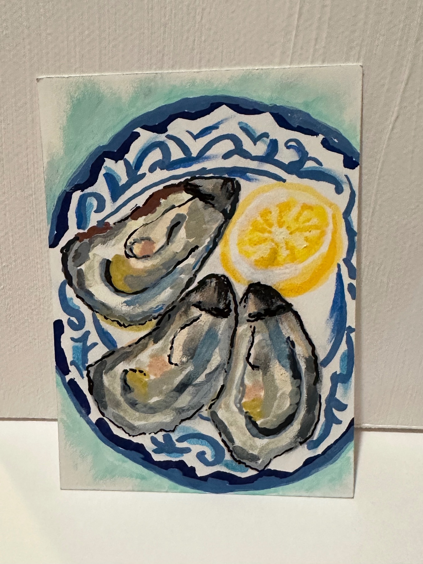 Original Oyster ACEO with Lemon Majolica Plate “Oyster Delight” Signed Le Fleur OOAK COA aceo art card