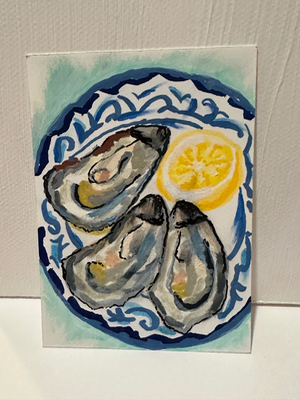 Original Oyster ACEO with Lemon Majolica Plate “Oyster Delight” Signed Le Fleur OOAK COA aceo art card thumbnail 1