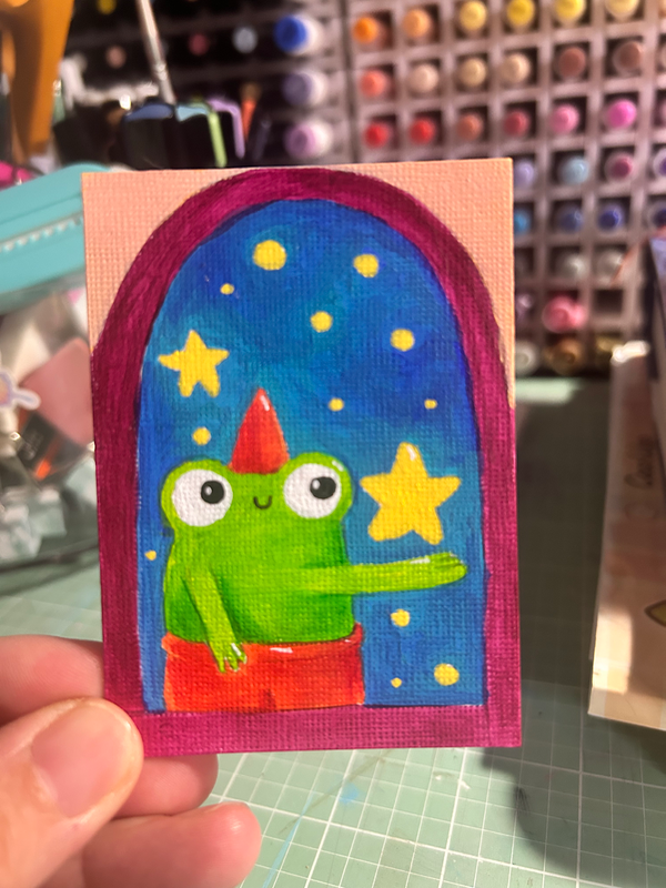 Froggy and stars aceo art card