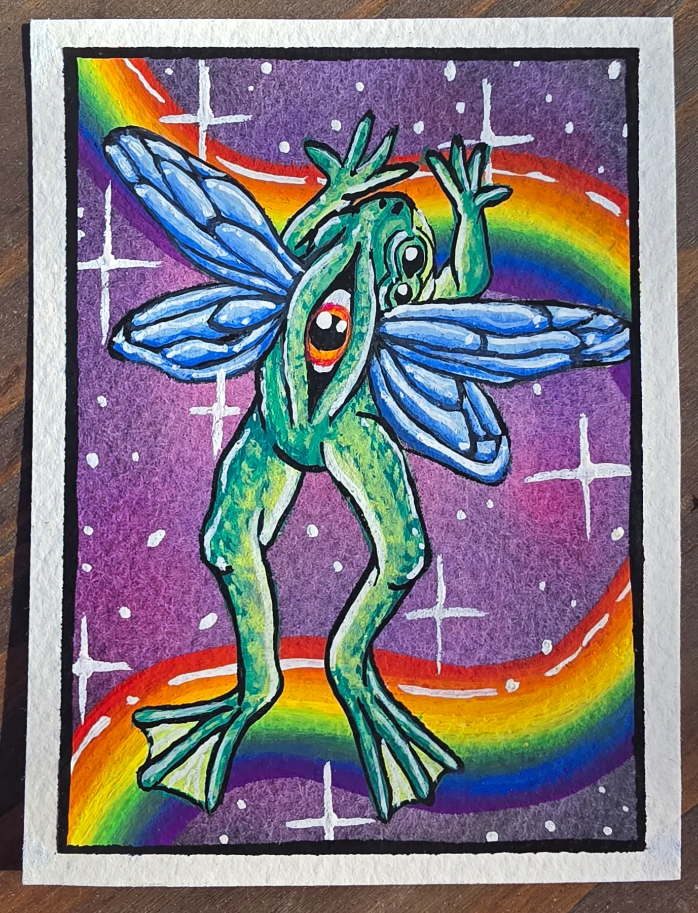 ACEO original rainbow fairy frog psychedelic aceo art card
