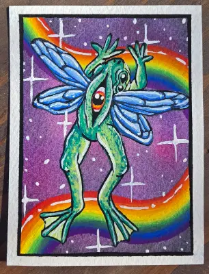 ACEO original rainbow fairy frog psychedelic aceo art card thumbnail 1