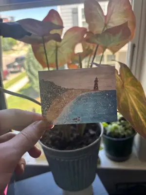 Snowy Coastal Watercolor Landscape of Lighthouse on the Shore 2.5x3.5 in. SIGNED aceo art card thumbnail 2