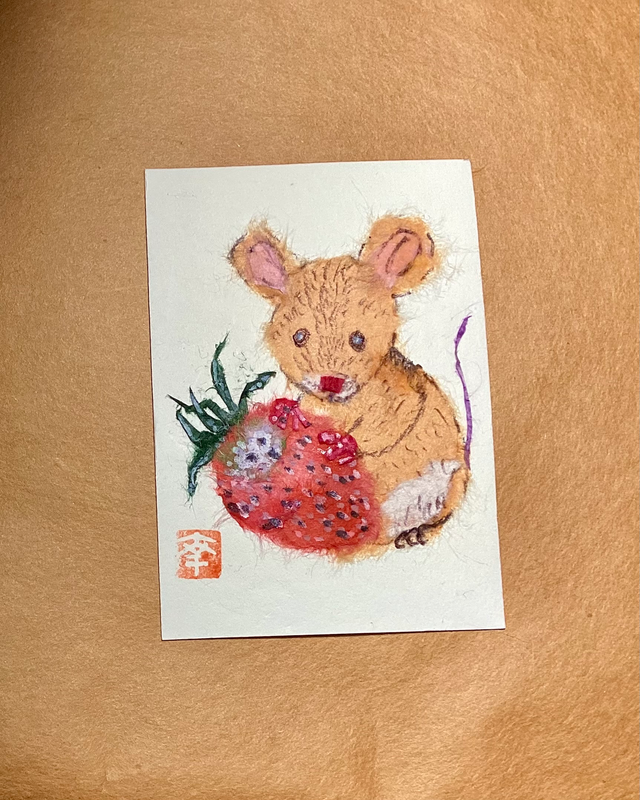Japanese washi art - mouse & strawberry aceo art card