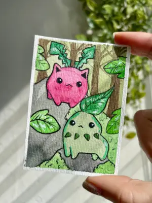 Hoppip and Chikorita Pokemon aceo art card thumbnail 1