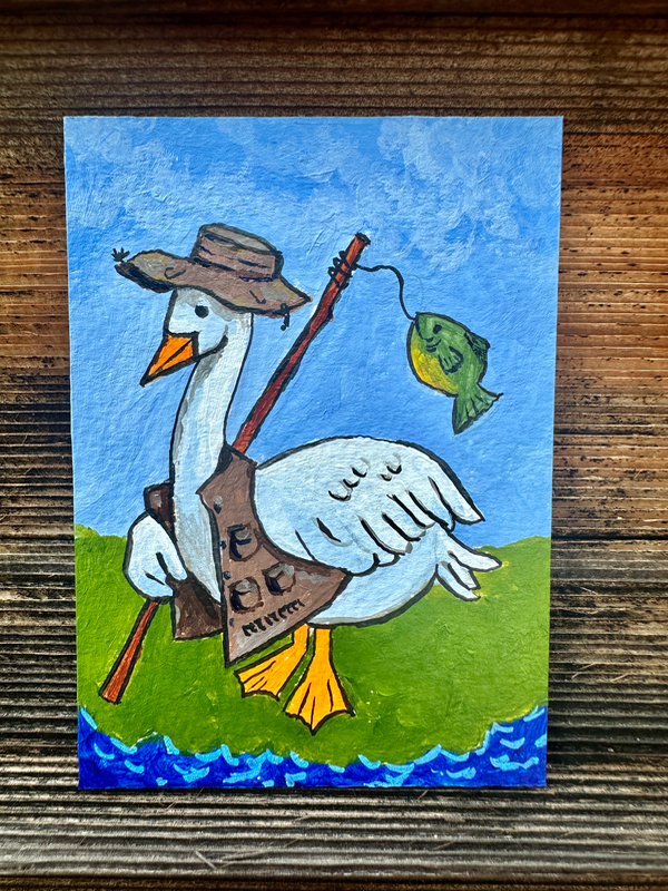 Fishing Goose aceo art card