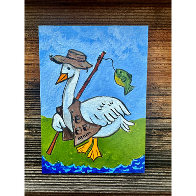 Fishing Goose aceo art card thumbnail 1