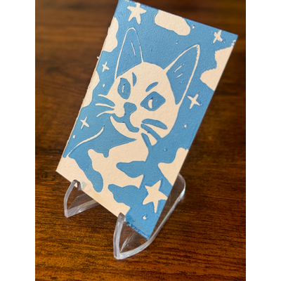 Galaxy Cat, Sky Blue #2 - Hand-Carved Block Print aceo art card thumbnail 3
