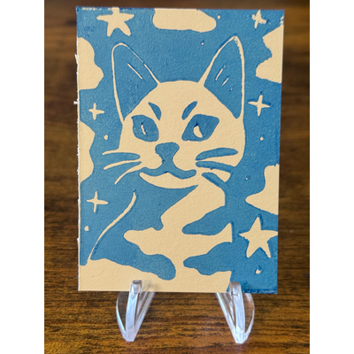 Galaxy Cat, Sky Blue #2 - Hand-Carved Block Print aceo art card thumbnail 2