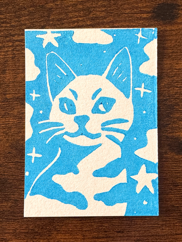 Galaxy Cat, Sky Blue #2 - Hand-Carved Block Print aceo art card