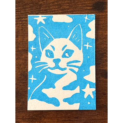 Galaxy Cat, Sky Blue #2 - Hand-Carved Block Print aceo art card thumbnail 1