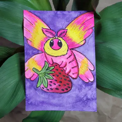 Strawberry Rosy Maple Moth aceo art card thumbnail 1