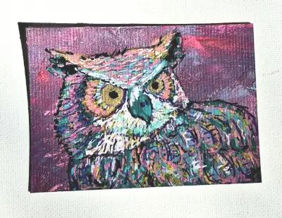 Whooo are you? Colortastic Owl aceo art card thumbnail 1