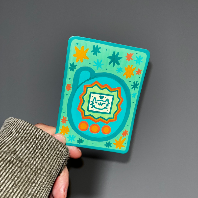 original aceo tamagotchi cat kitty cute nostalgia electronics pop culture toy aceo art card