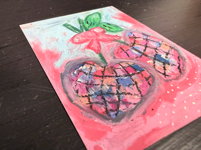 Original ACEO Art Disco Cherries Fruit Art Oil Pastel Mini 2.5x3.5 aceo art card thumbnail 2