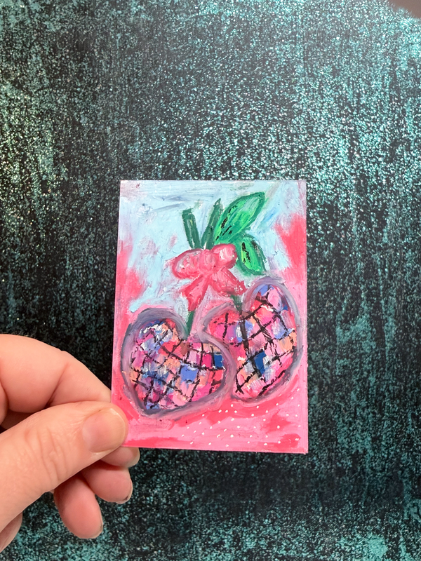 Original ACEO Art Disco Cherries Fruit Art Oil Pastel Mini 2.5x3.5 aceo art card