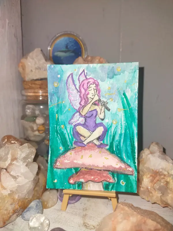 ACEO Original Art "Fairy Playing the Flute" Whimsy, Fantasy, Mushroom, Watercolors aceo art card