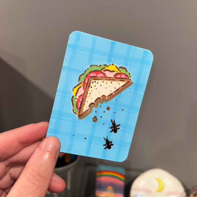 original aceo picnic series 2/5 eaten sandwich bbq food insects bugs ants blue checkered plaid aceo art card