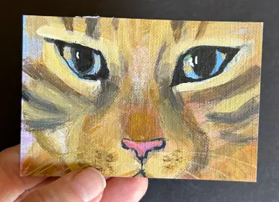 ACEO original tiny painting Cat Closeup Maine Coon by Gale acrylic handmade 2.5x3.5" aceo art card thumbnail 2