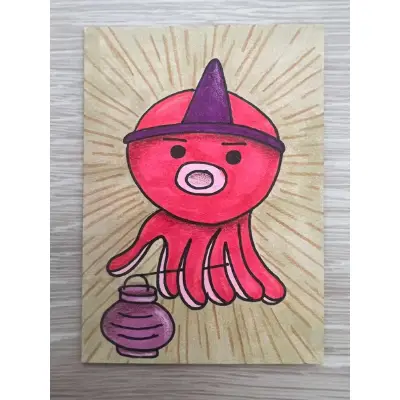 Original Art Yokai Octopus Lantern Sea Spirit Japanese Folklore Mythology Painting Signed aceo art card thumbnail 4