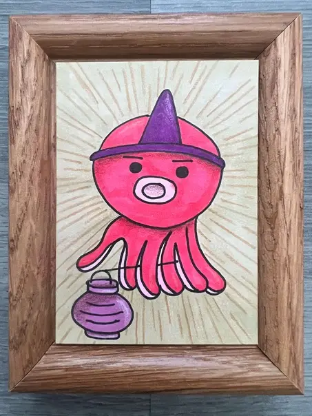 Original Art Yokai Octopus Lantern Sea Spirit Japanese Folklore Mythology Painting Signed aceo art card