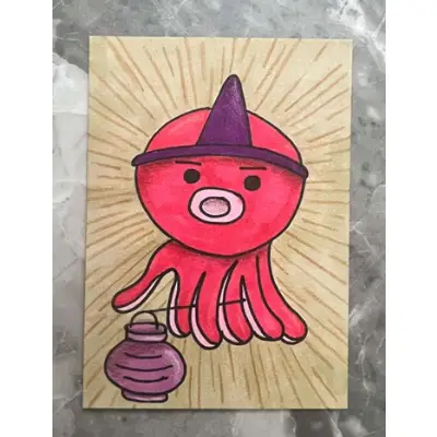 Original Art Yokai Octopus Lantern Sea Spirit Japanese Folklore Mythology Painting Signed aceo art card thumbnail 3