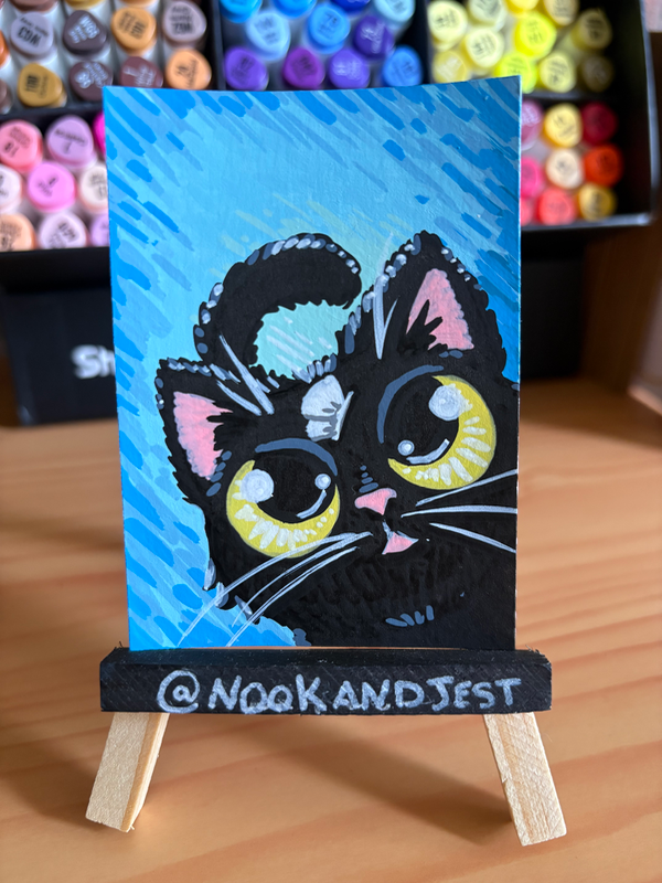 black cat and blue skies aceo art card